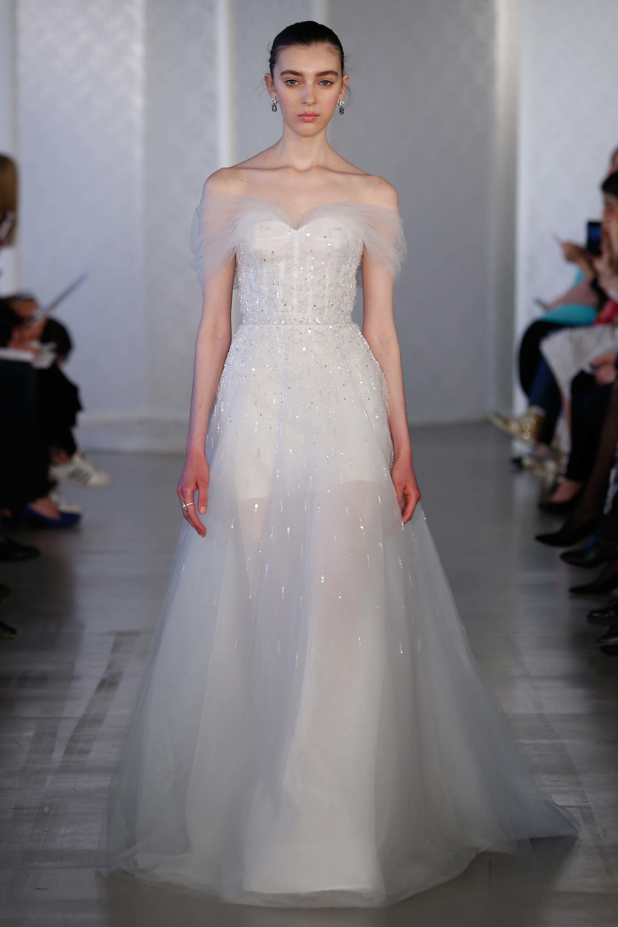 A wedding dress with open shoulders