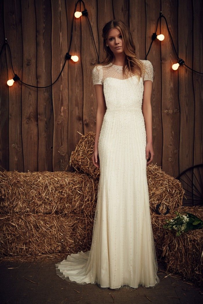 A wedding dress with short sleeves