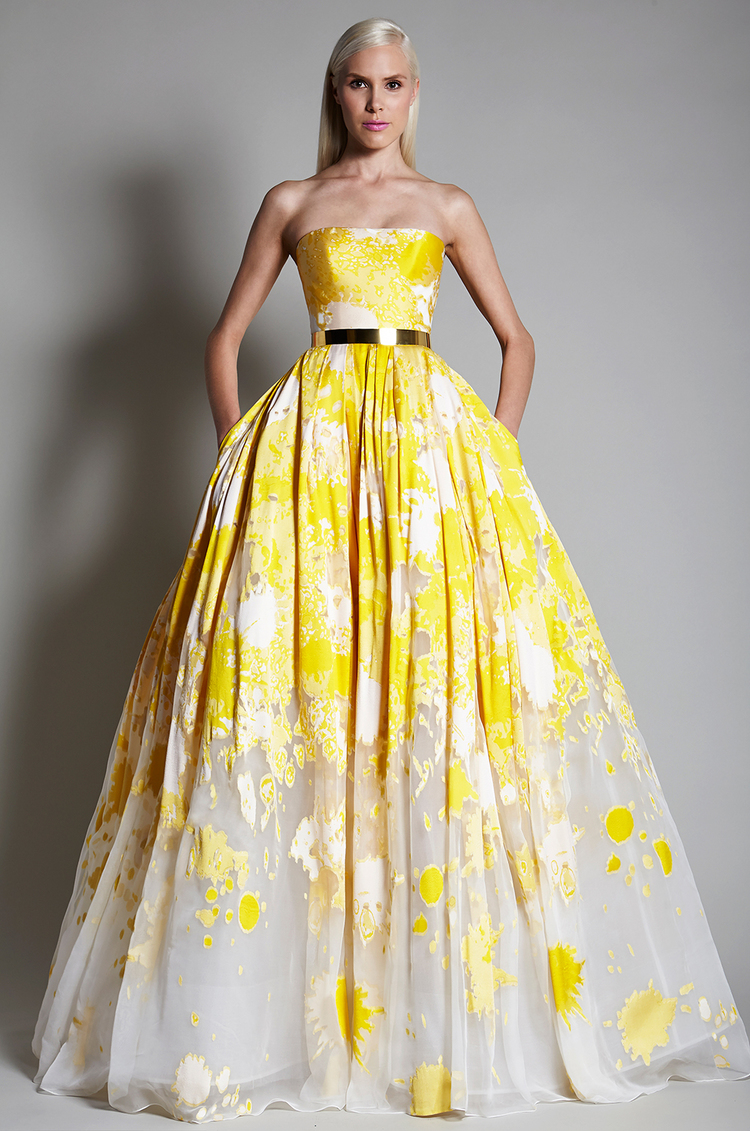 A yellow watercolor wedding dress