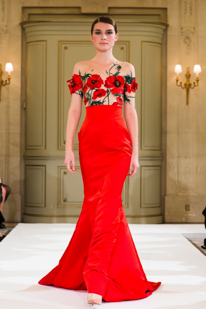 A red wedding dress with poppies