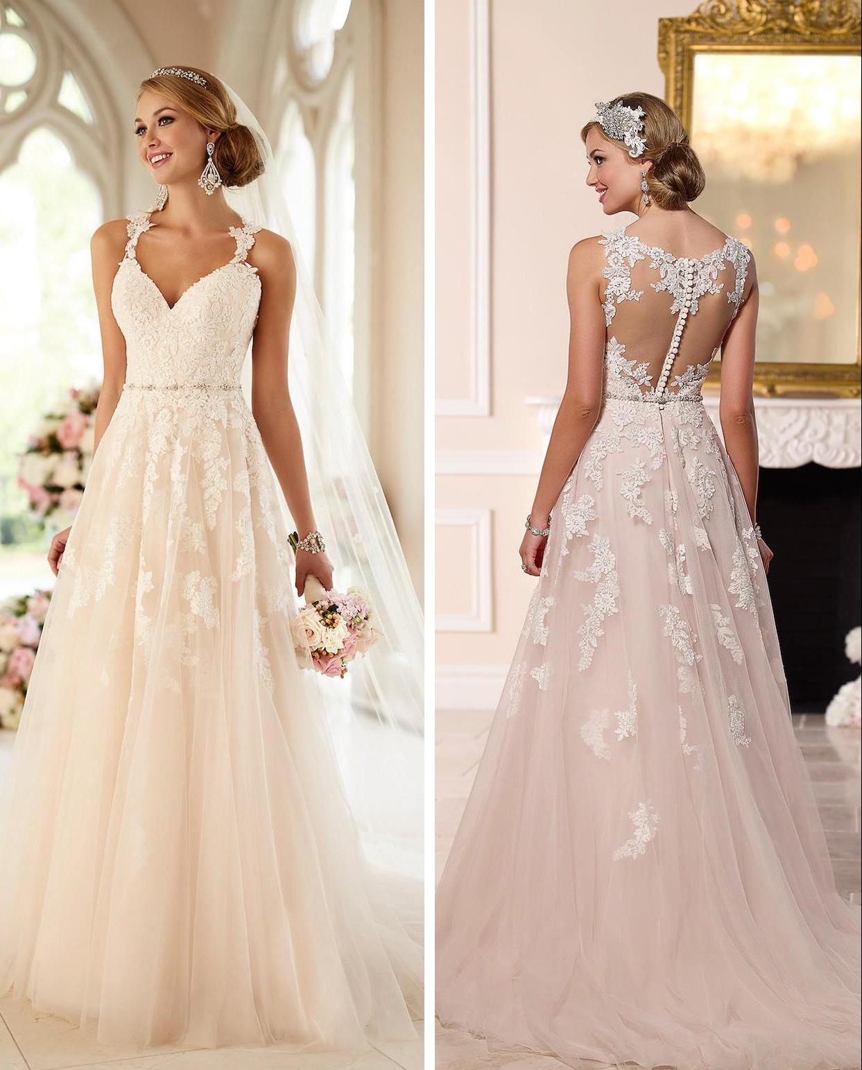 Blush A-line wedding gown with lace