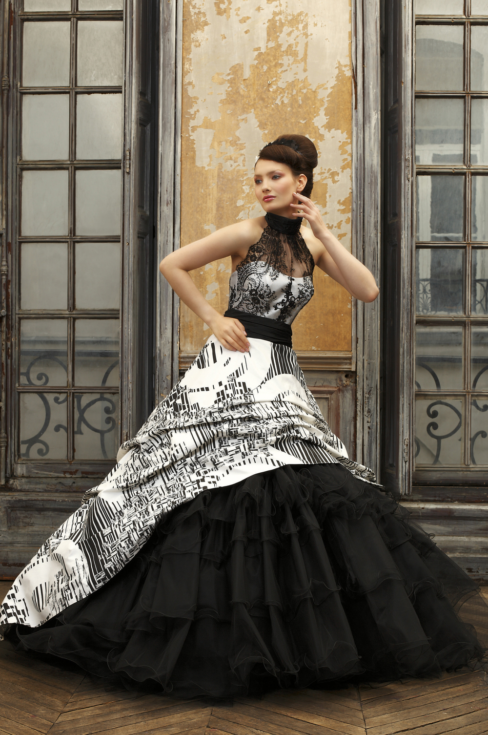 Black and white ball gown wedding dress with halter neck