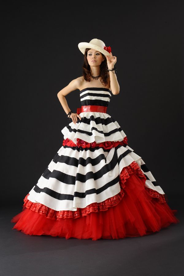 Creative red white and black wedding gown