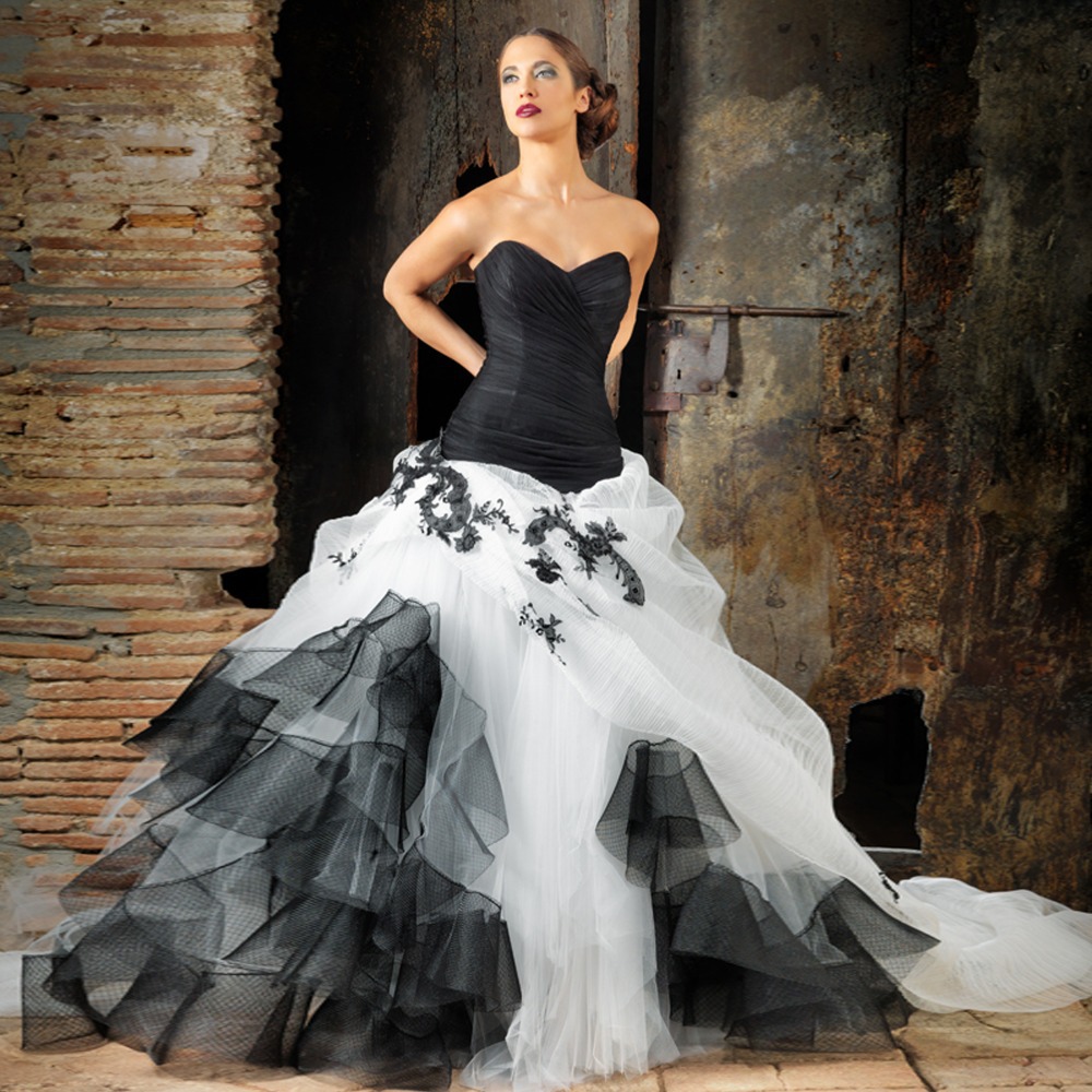 Strapless ball gown wedding dress in black and white