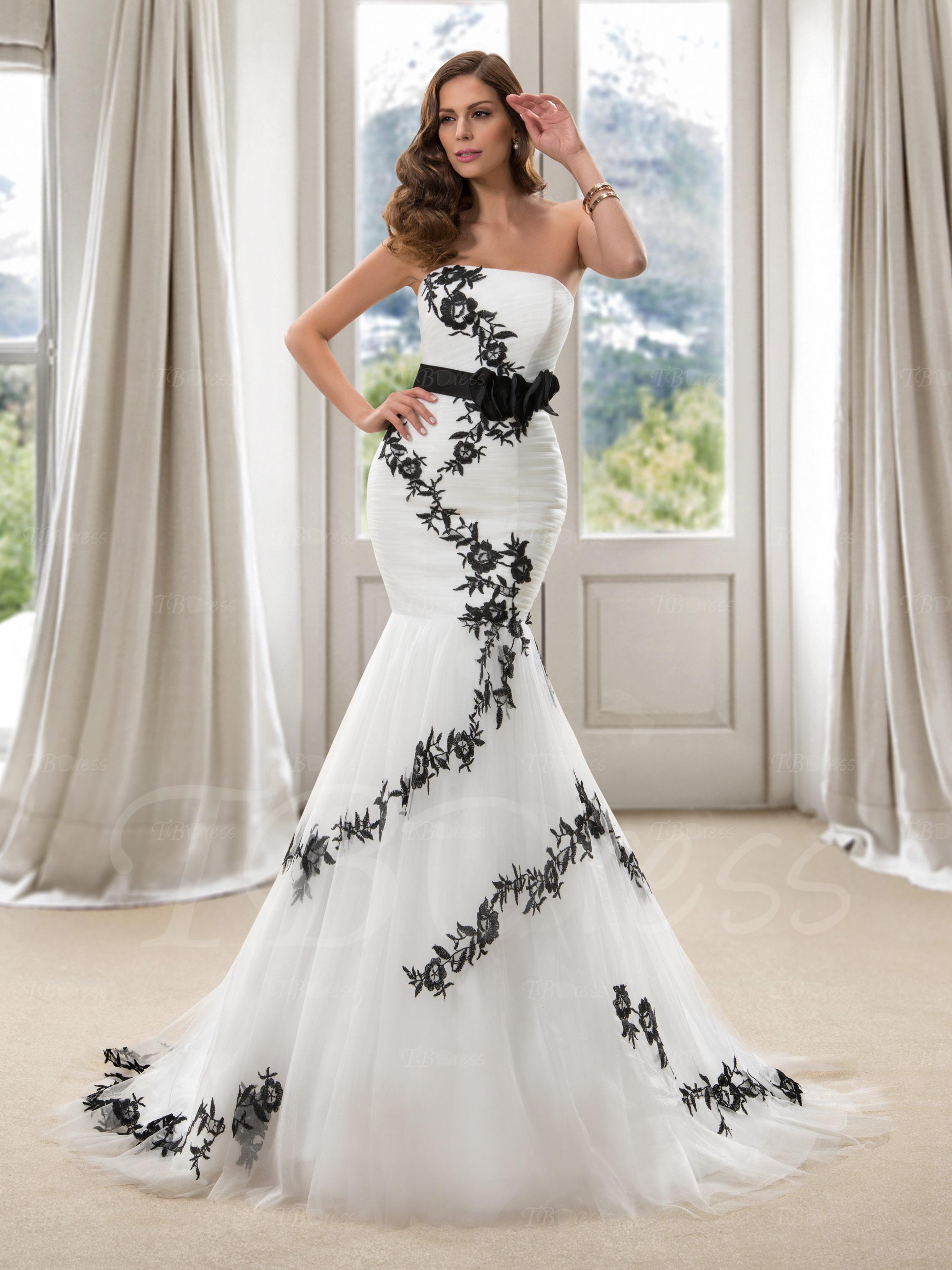 White mermaid wedding dress with black lace
