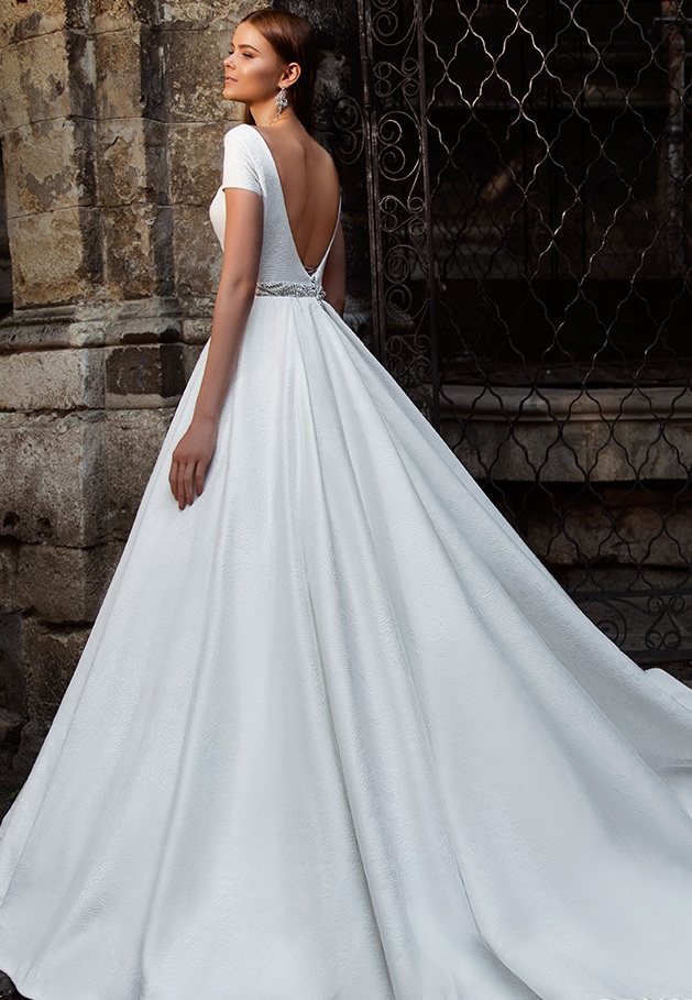 Satin wedding dress with short sleeve and open back