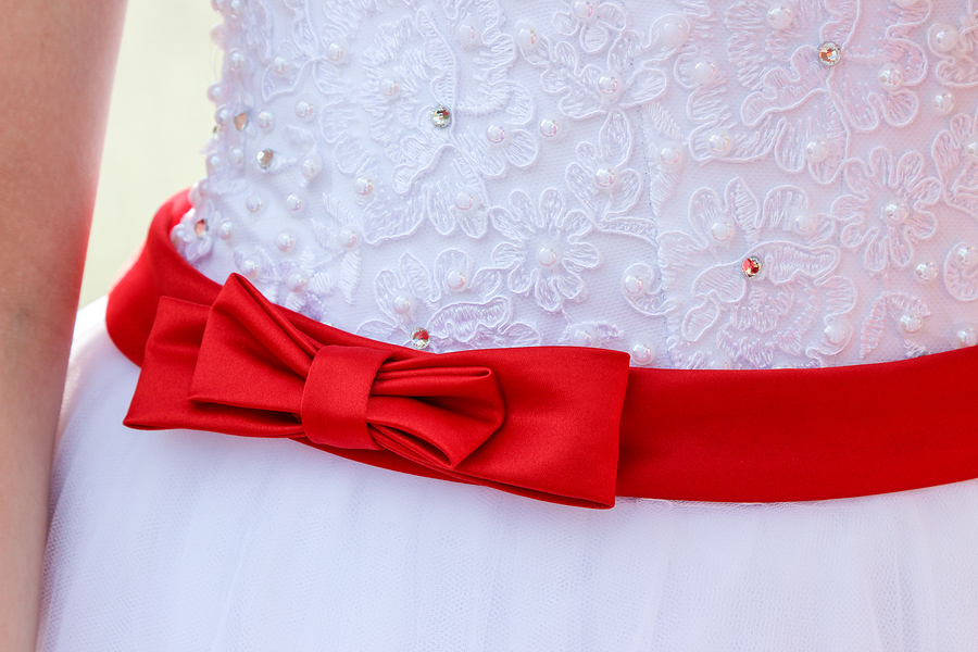 White wedding dress with red accent 