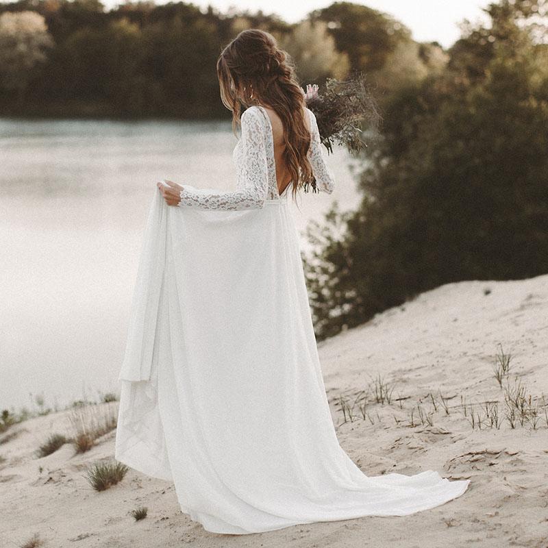 Long sleeve backless wedding dress