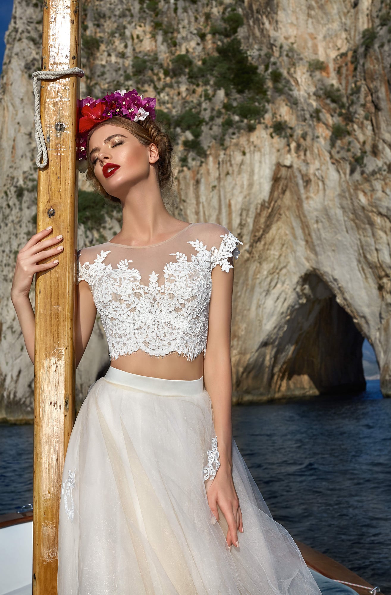 A beach wedding dress with separate top and skirt