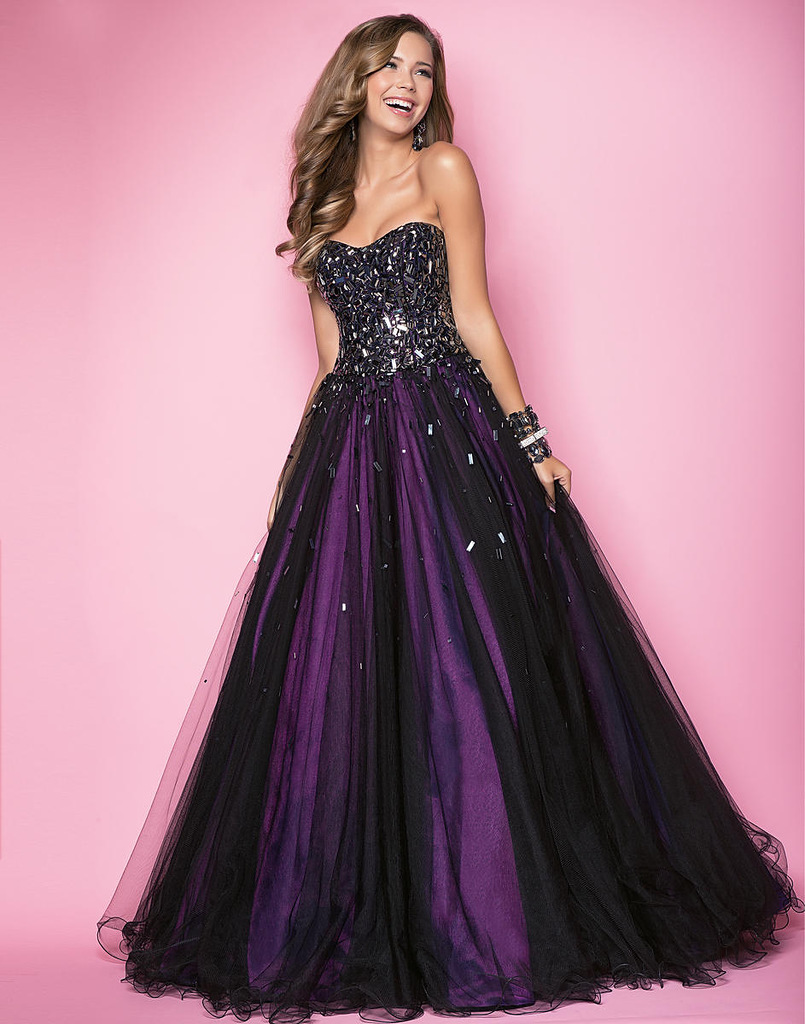 A purple and black wedding dress