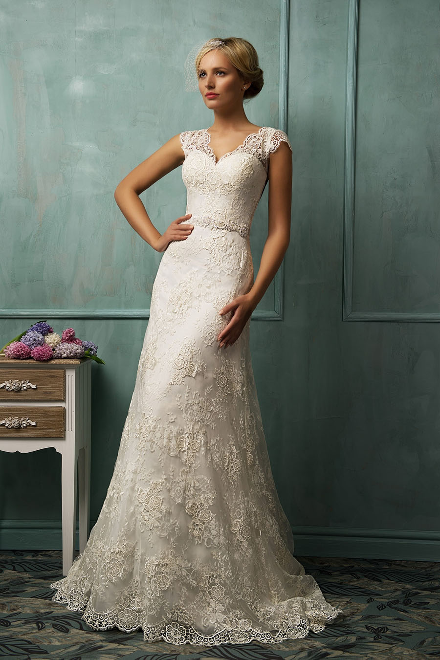 modest-scalloped-neck-short-sleeve-lace-wedding-dress-with-crystals-belt