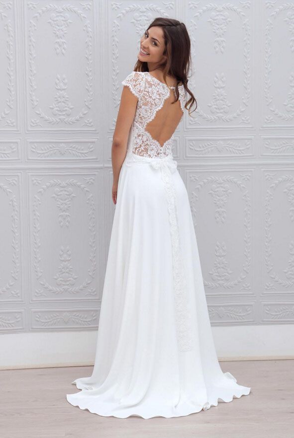 Lace and chiffon wedding gown with a keyhole back