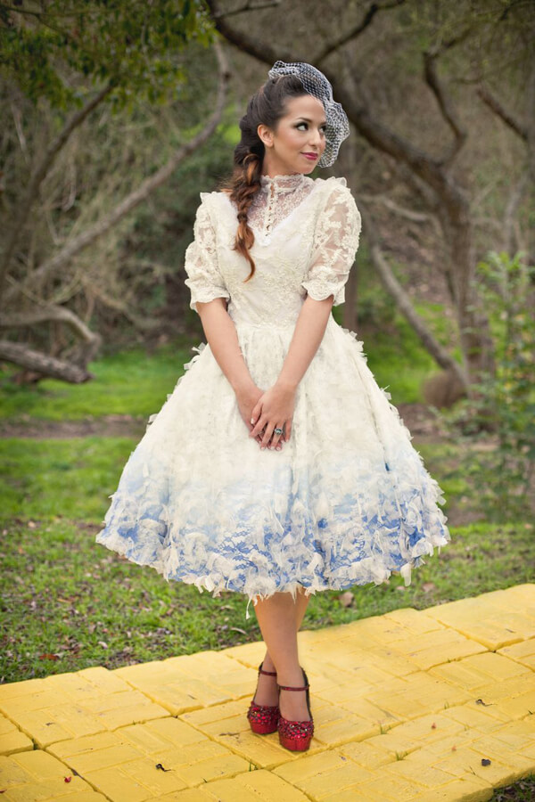 Tea length wedding dress with color
