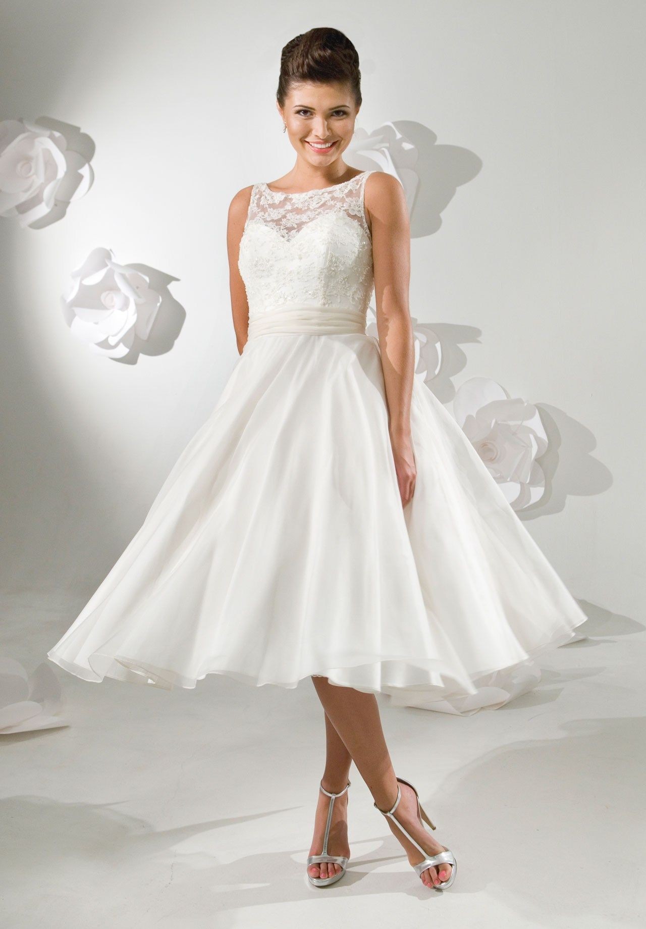 Tea length wedding dress with lace bodice