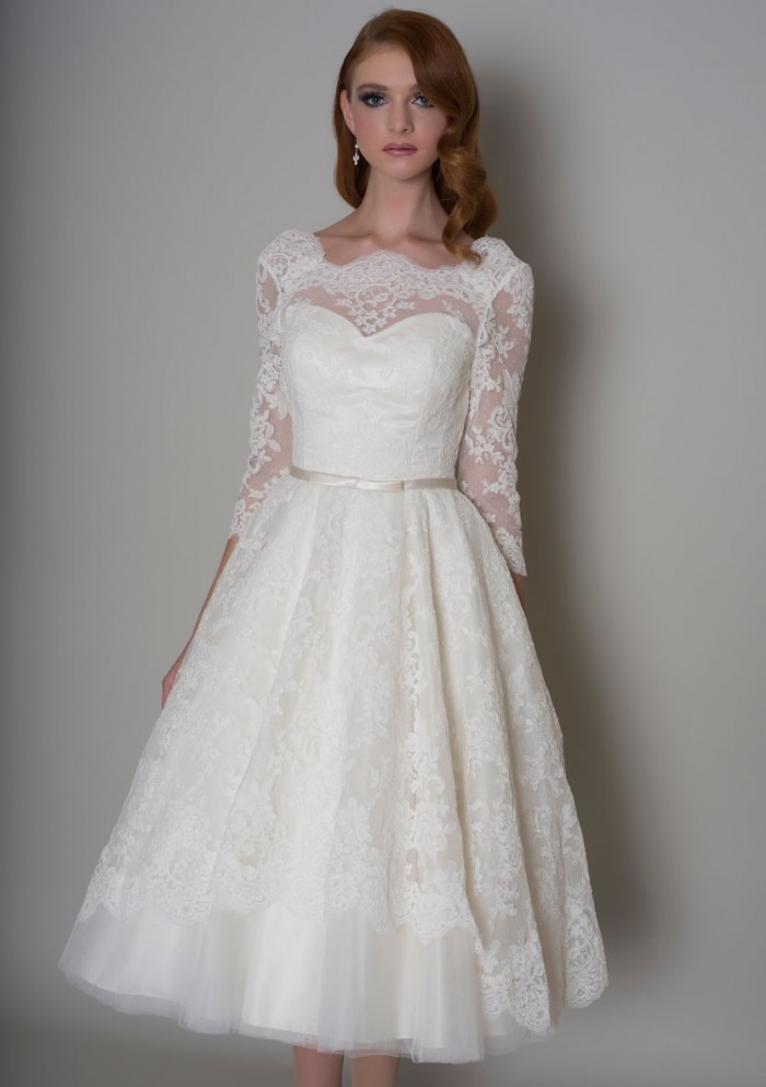 Long Sleeve Tea Length Wedding Dress Photos