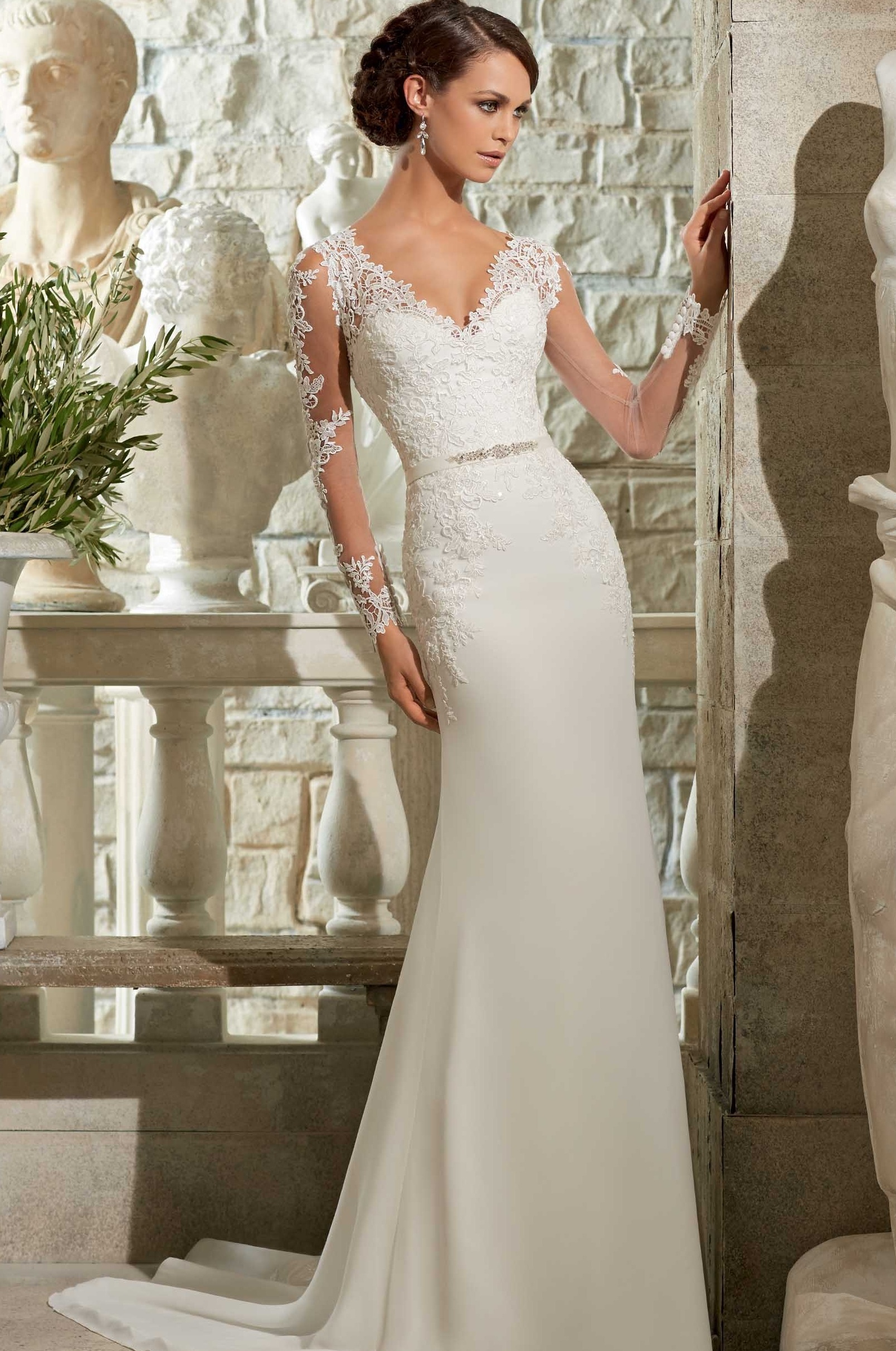 v neck wedding gowns with sleeves