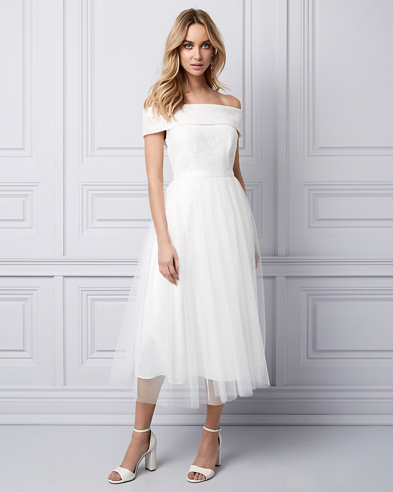 Tea length wedding dress with open shoulders