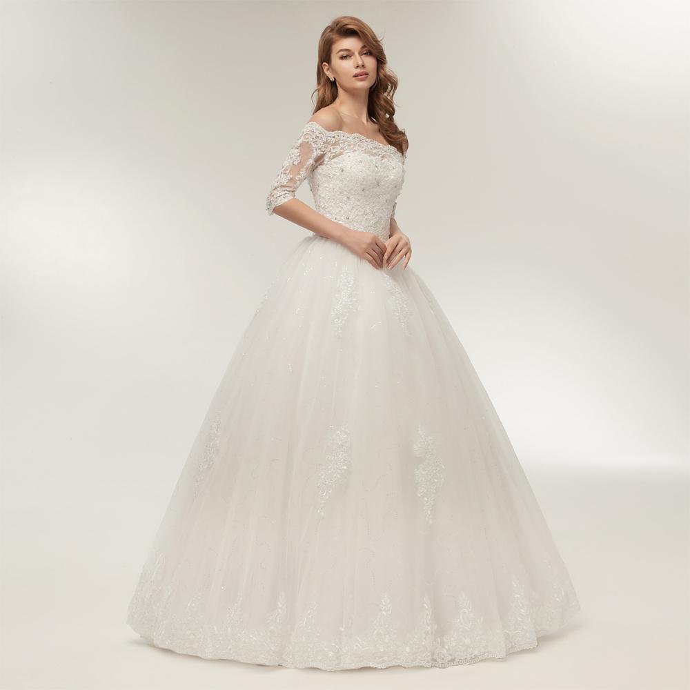 Off-the-shoulder lace wedding dress with sleeves