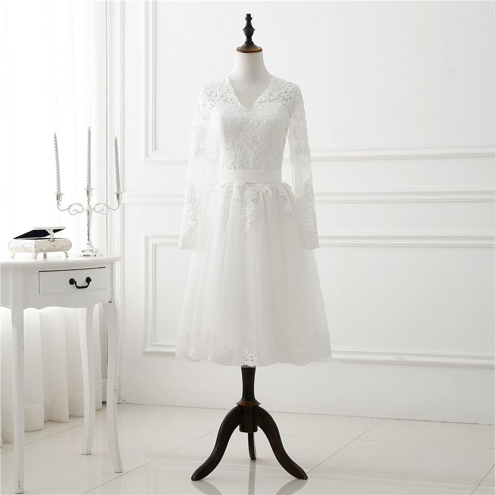 V-neck tea length wedding dress