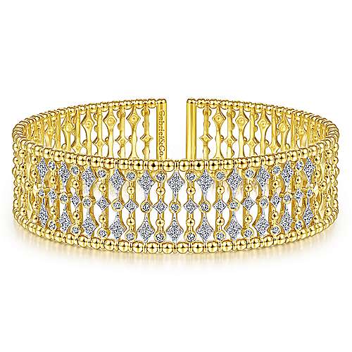 Wide Yellow Gold Cage Cuff Bracelet with Diamond Stations