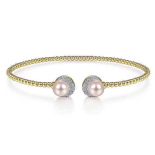 Yellow Gold Split Cuff with Pearl and Diamond