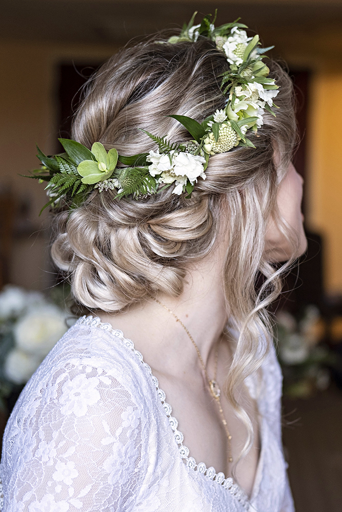 Bridal updo with flower crown