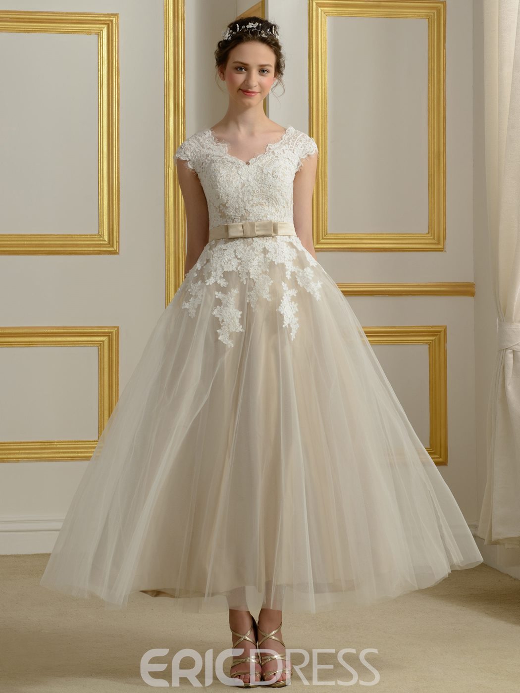 Cap sleeve tea length wedding dress