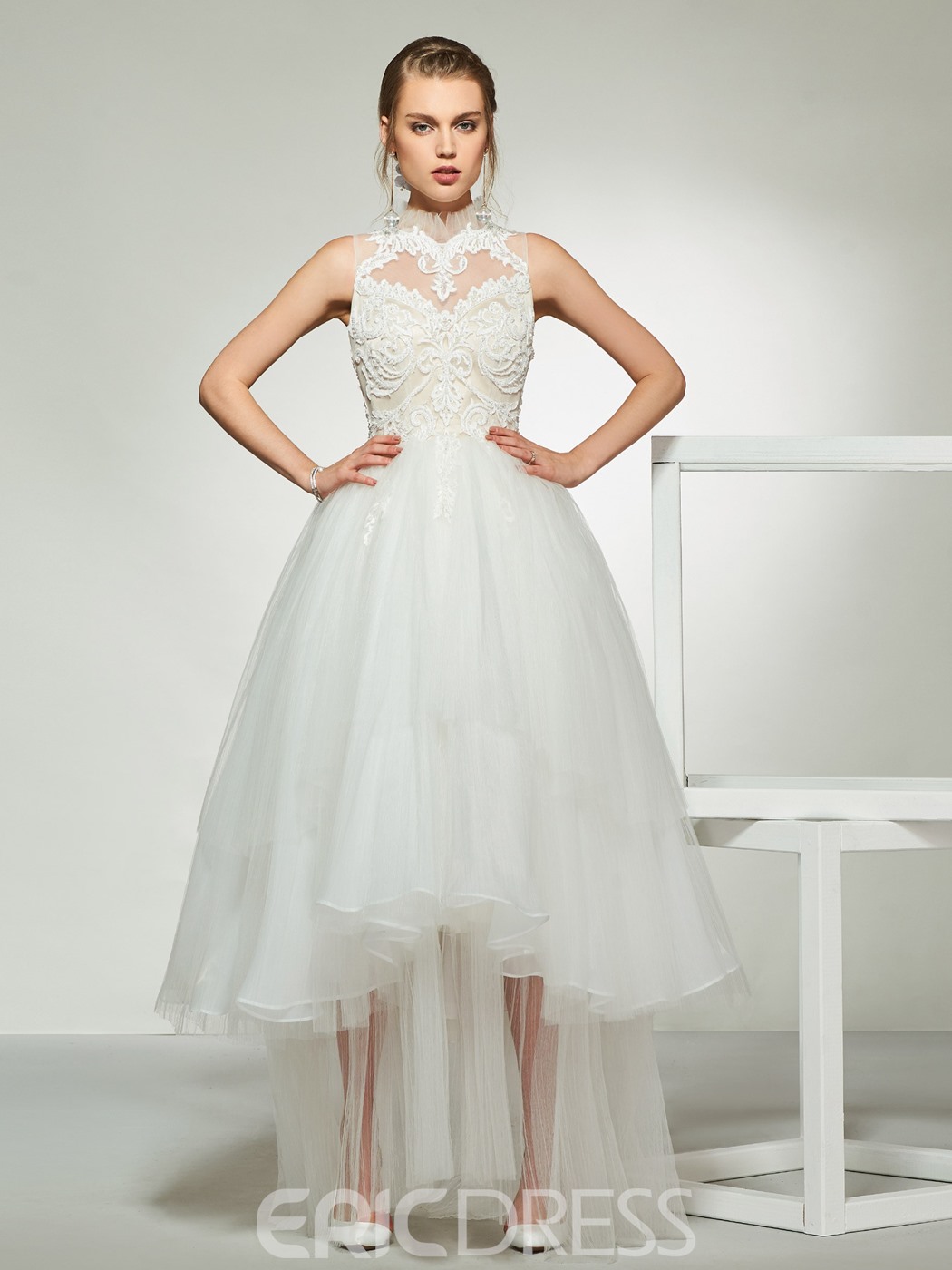 High neck high low wedding gown