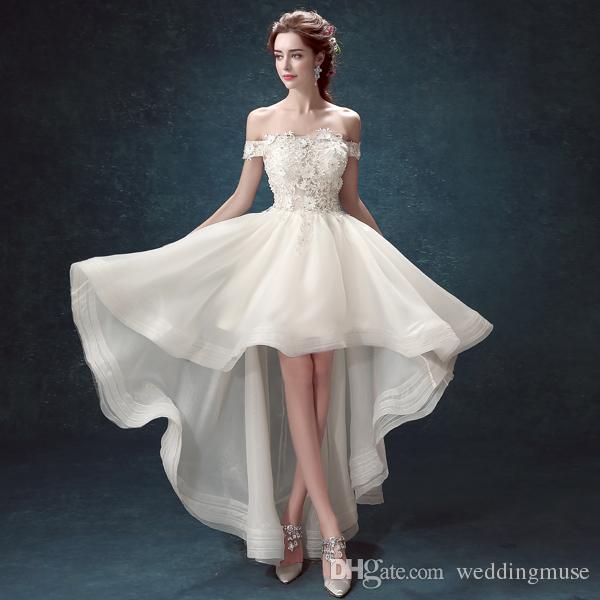 Off-the-shoulder high low wedding dress