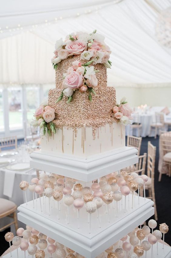 White and rose gold wedding cake