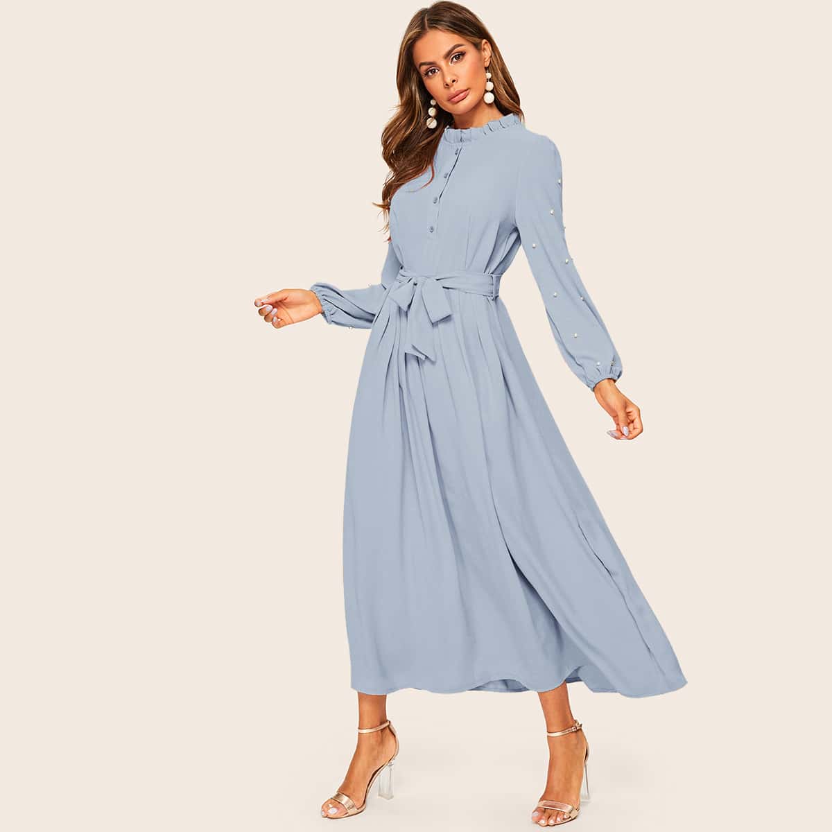 Frill neck dress with sleeves